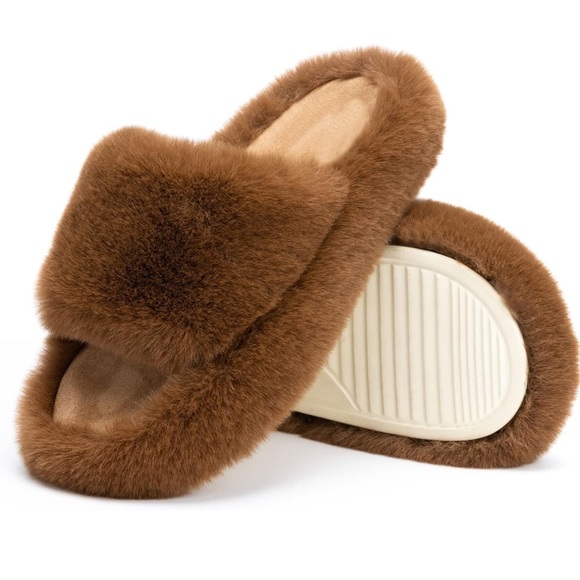 Brown Memory Foam House Bedroom Slippers Fuzzy Plush Comfy Faux Fur Lined Slide - Picture 1 of 15